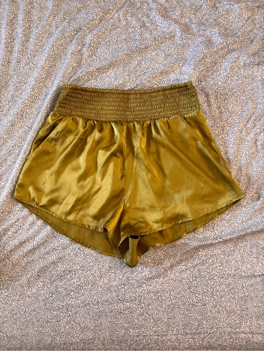 Satin Olive Green Athletic Shorts with Smocked Waist